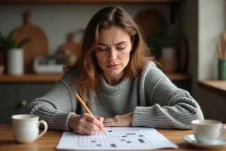 Femme frustrée devant une grille de mots croisés incomplète sur une table en bois, cherchant comment rendre la création plus amusante