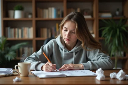 Jeune femme réfléchissant à un pseudo original en écrivant dans un carnet sur un bureau en bois