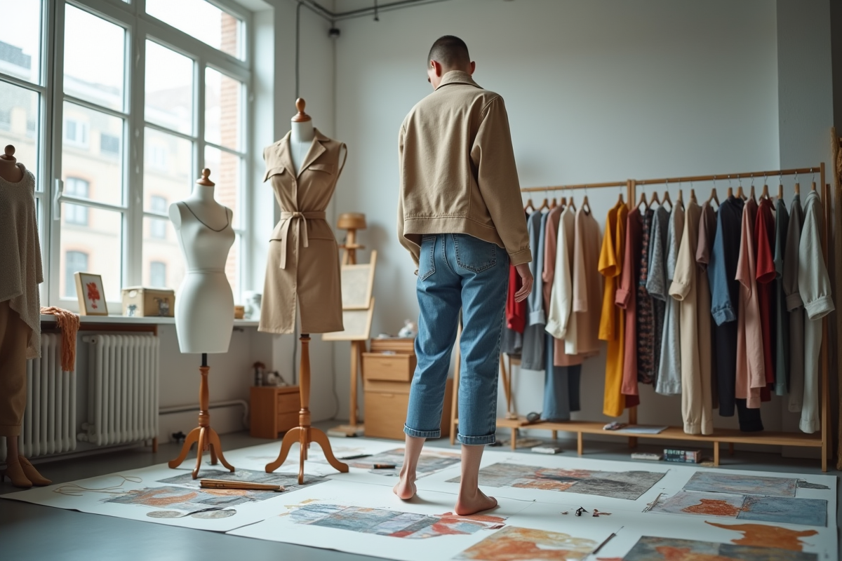 Créateur de mode en studio minimaliste avec croquis et tissus
