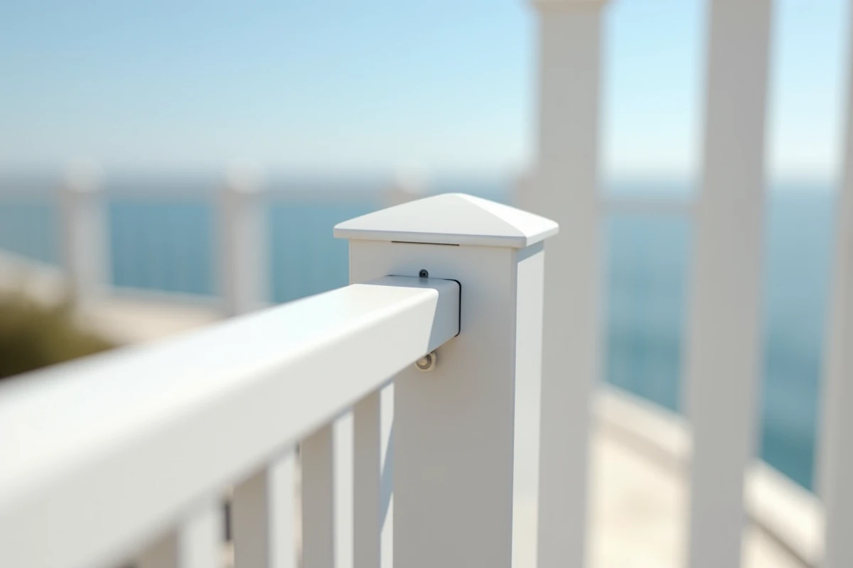 Détail macro d'un assemblage de barreau aluminium blanc laqué sur garde-corps de terrasse bord de mer