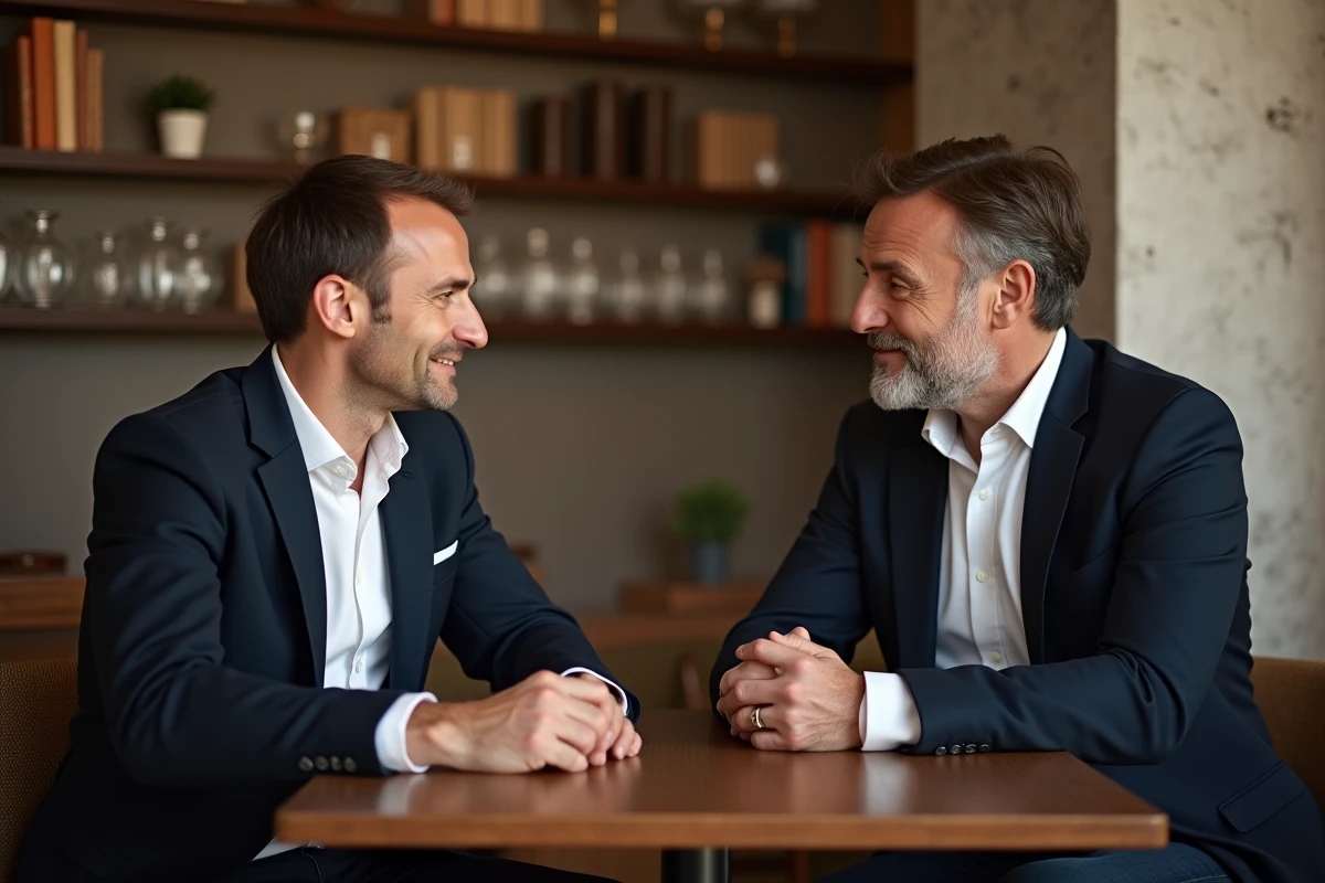 Deux hommes discutant dans un bistro français