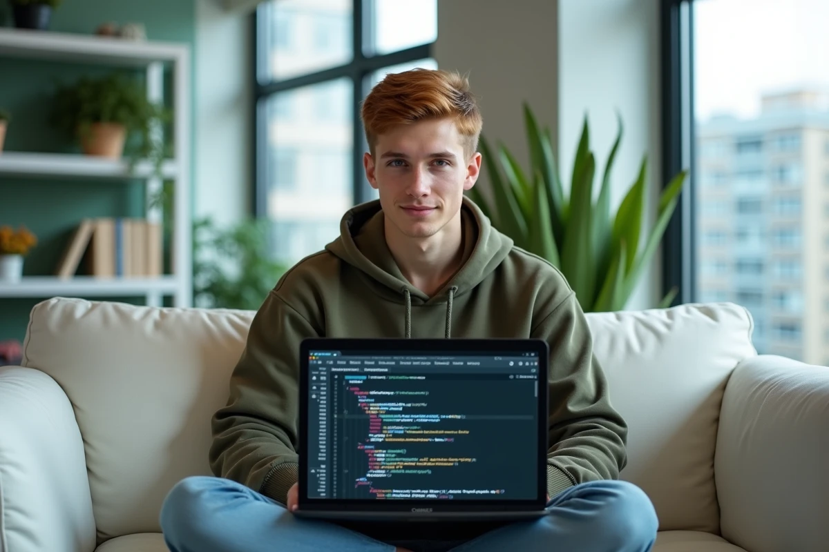 Développeur web utilisant du texte Lorem Ipsum comme contenu fictif dans un éditeur de code dans un espace de co-working moderne