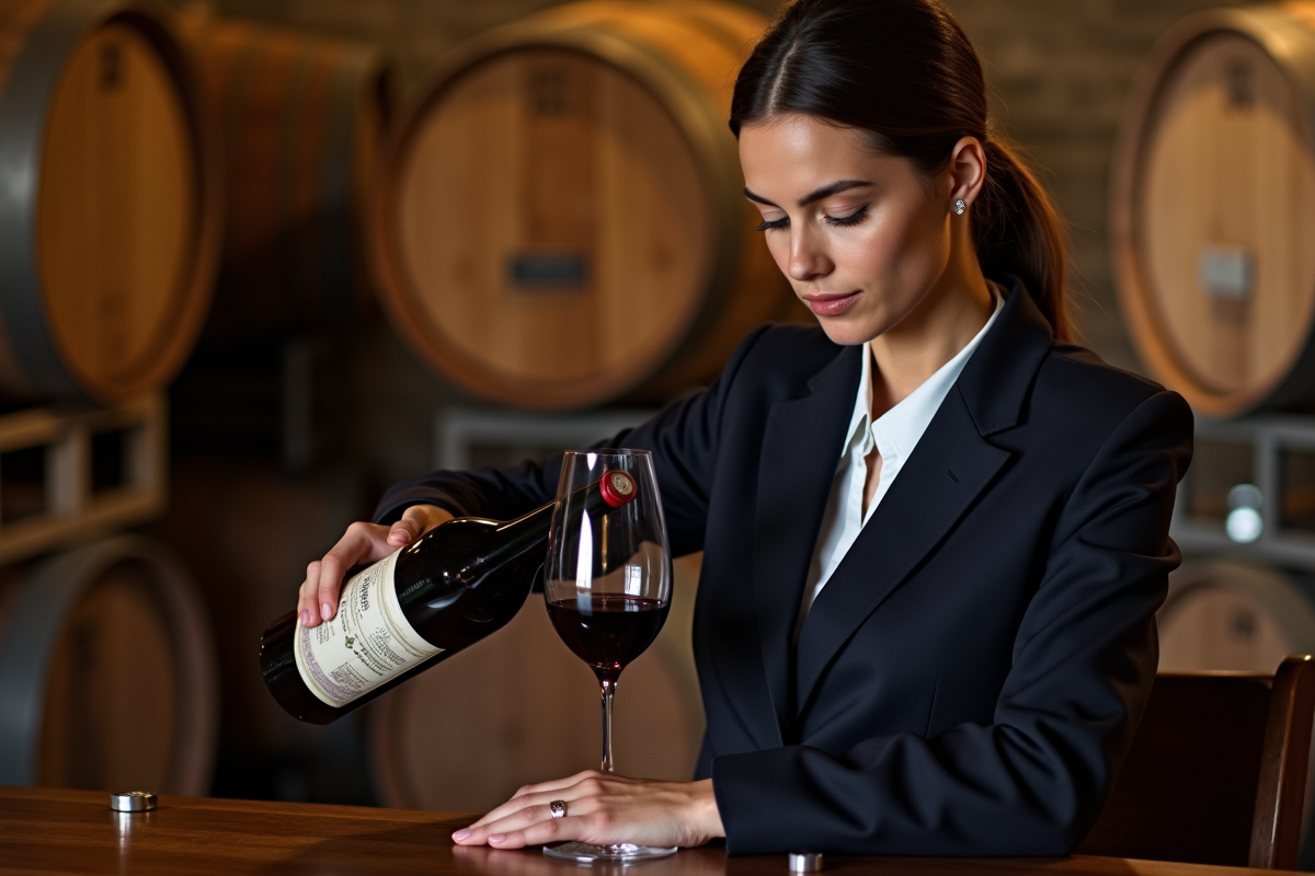 Jeune sommeliere versant du vin dans un verre