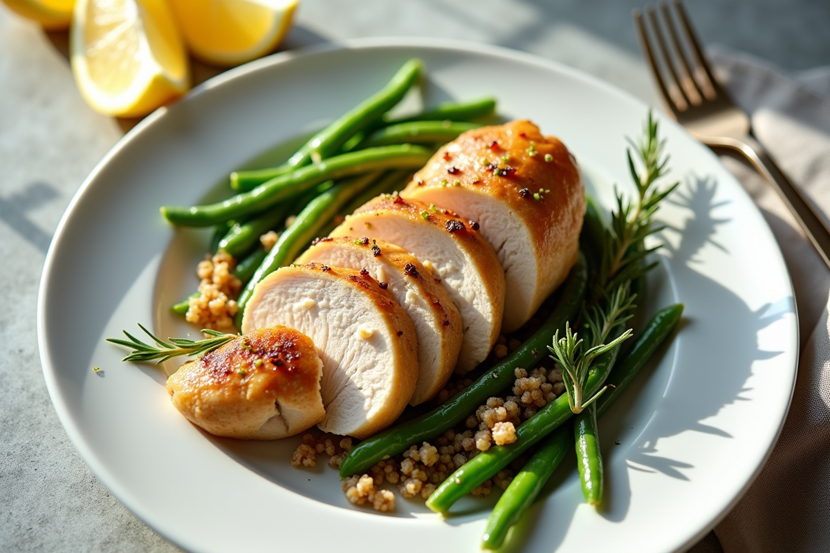 Assiette de poulet tranché avec légumes verts et salade colorée