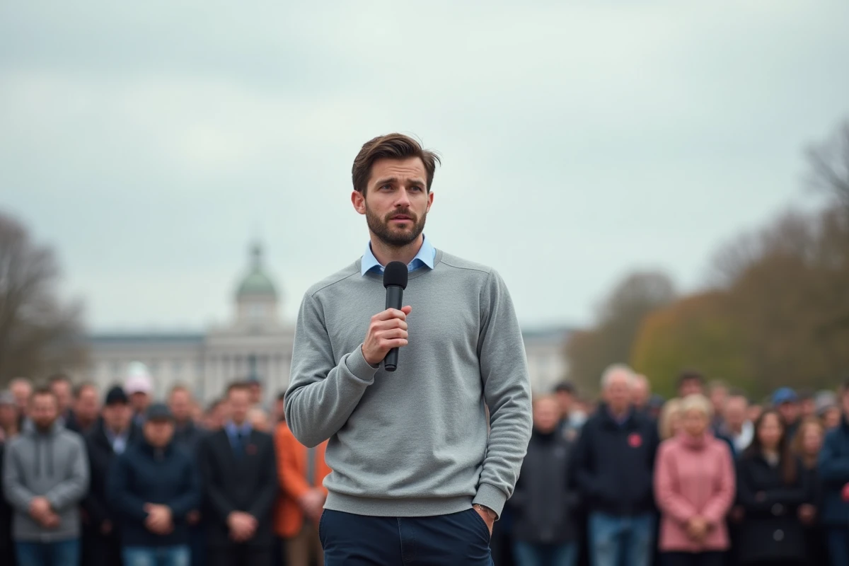 Homme politique prenant la parole lors d'un rassemblement public en extérieur, expression confiante face à une foule, style photojournalisme