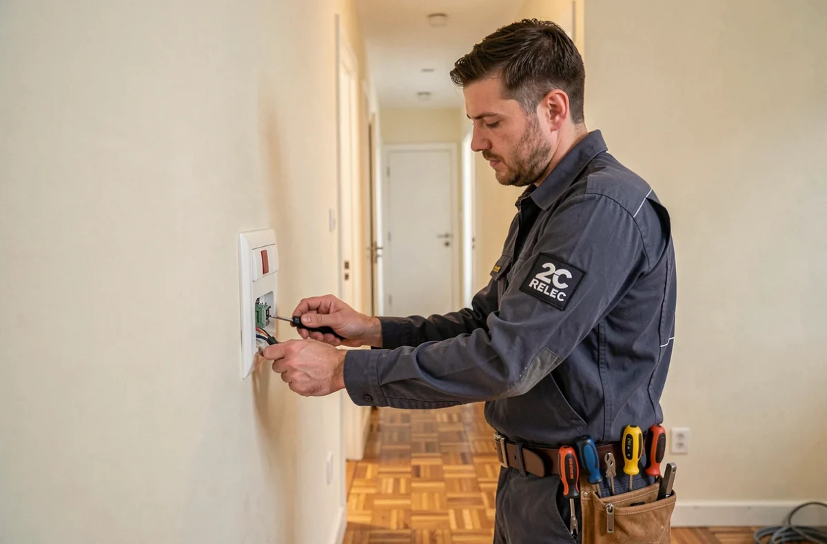 Électricien de 2C RELEC remplaçant des prises électriques dans un appartement rénové
