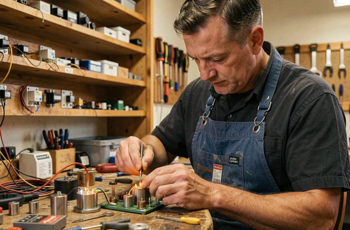 Artisan électricien de l'Atelier Corbier assemblant des composants électriques sur un établi d'atelier