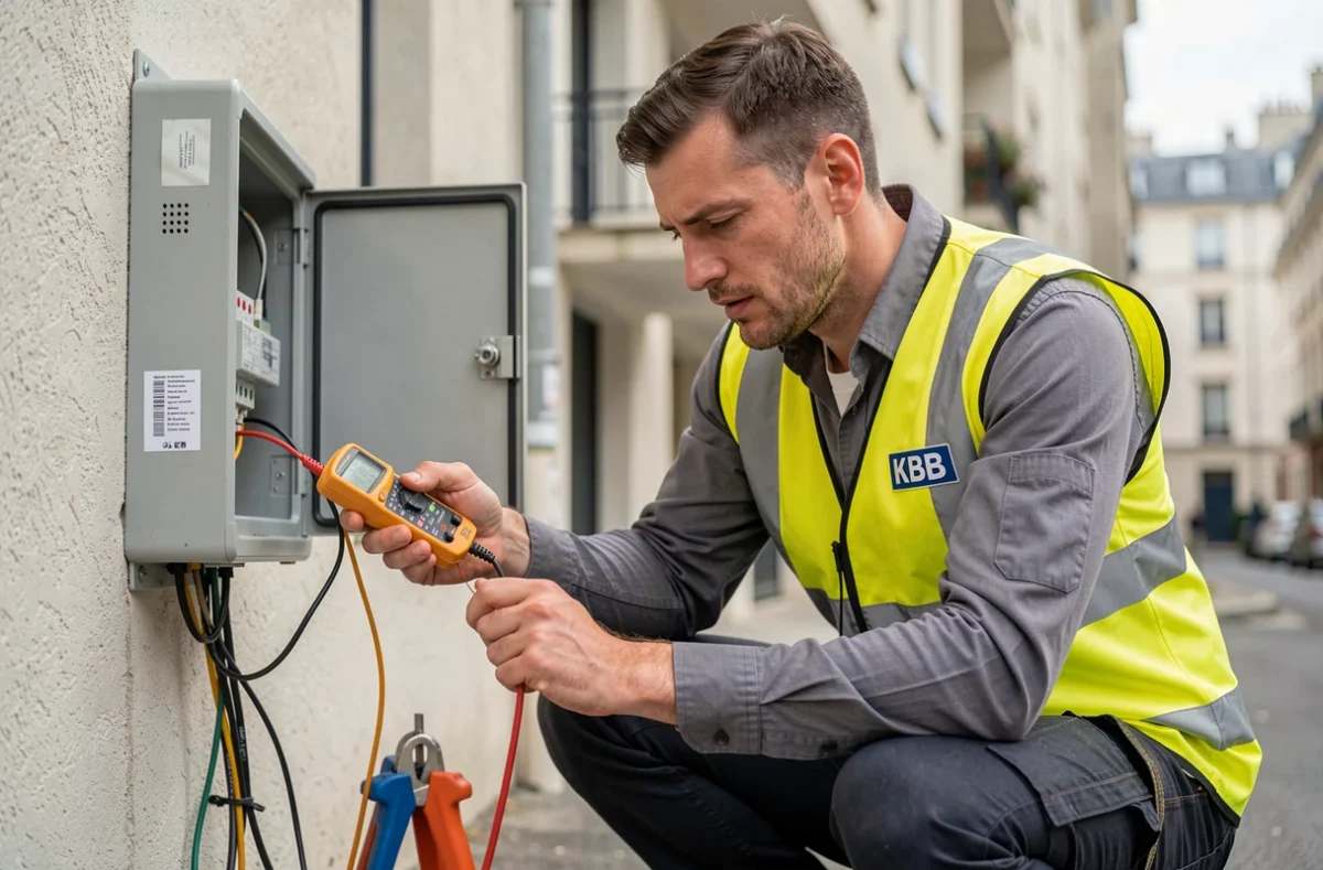 Électricien KBB vérifiant une boîte de jonction électrique sur un bâtiment commercial
