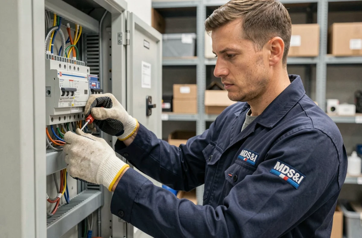 Technicien électricien de MDS&I en train de câbler un tableau électrique professionnel