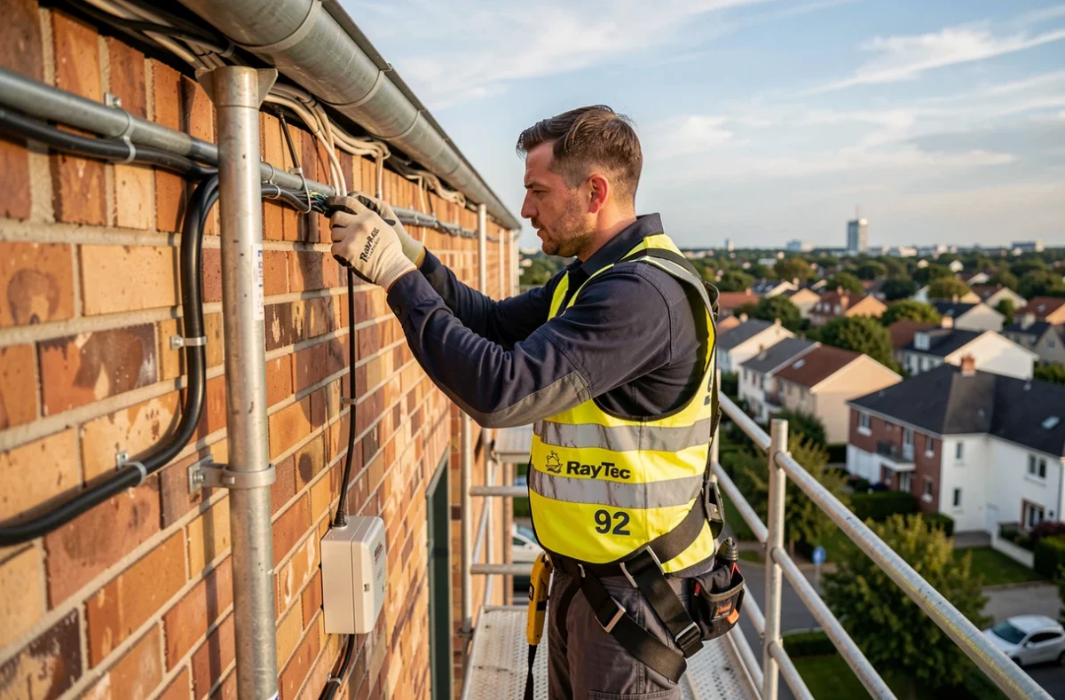 Électricien Ray Tec 92 installant un câblage électrique extérieur sur un bâtiment commercial en Hauts-de-Seine