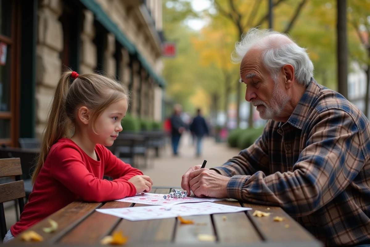 Une jeune fille regarde son grand-pere jouer à 421 en plein air