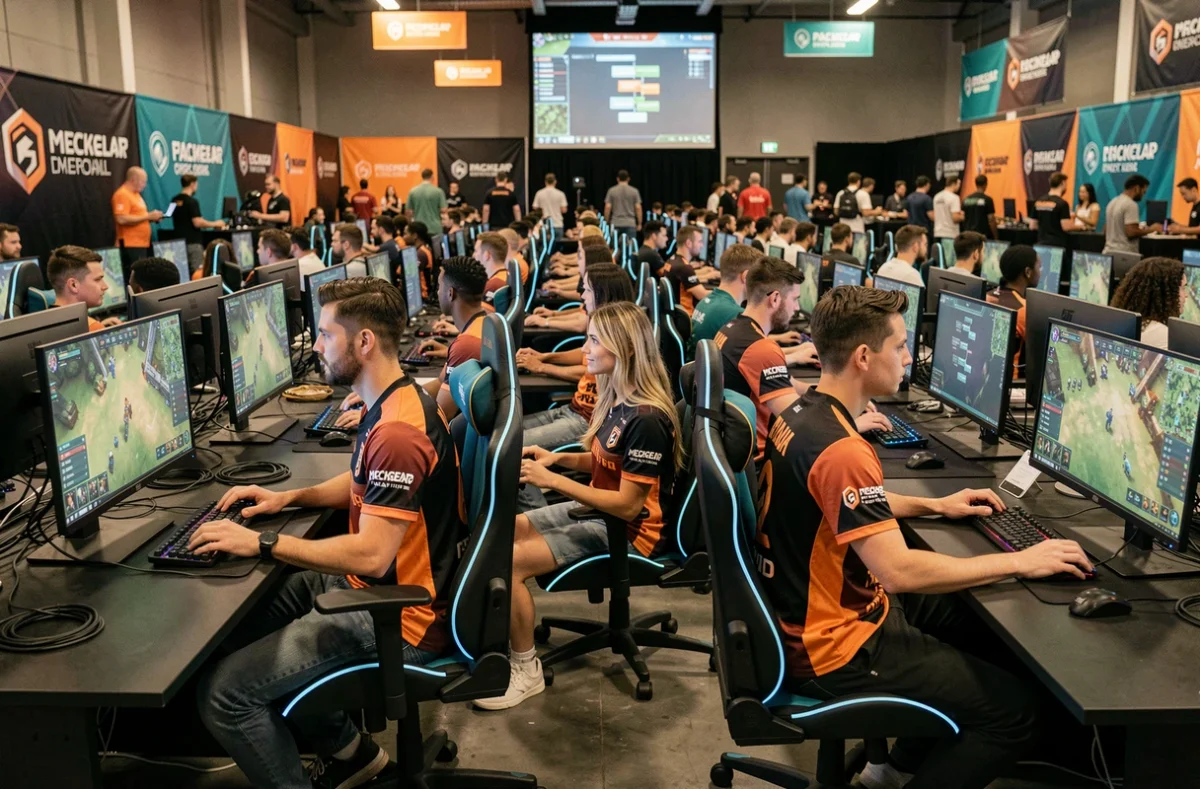 Équipe de joueurs en compétition dans une arène esports lors d'un tournoi League of Legends