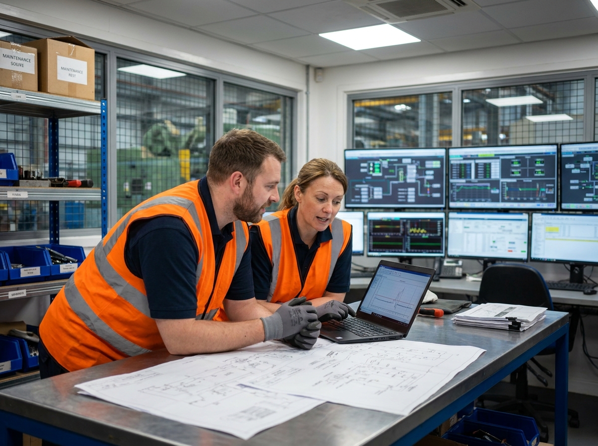 Deux professionnels de la maintenance collaborant sur des schémas et un système SCADA dans une salle de contrôle industrielle