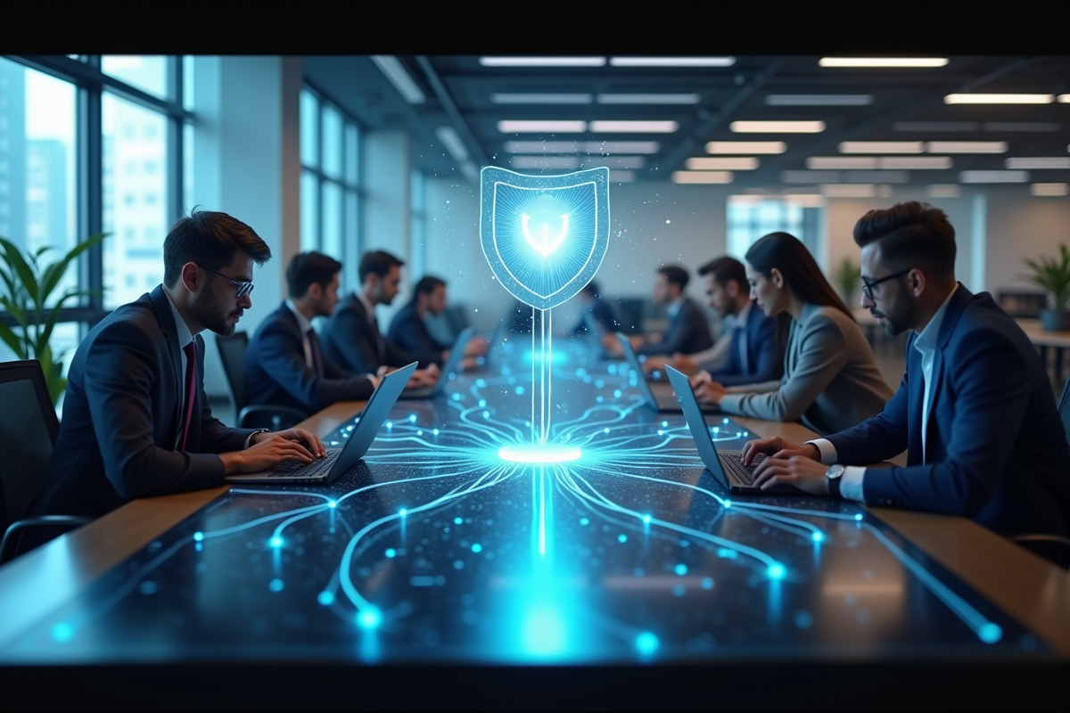Professionnels collaborant dans un espace de travail avec un symbole de securite VPN