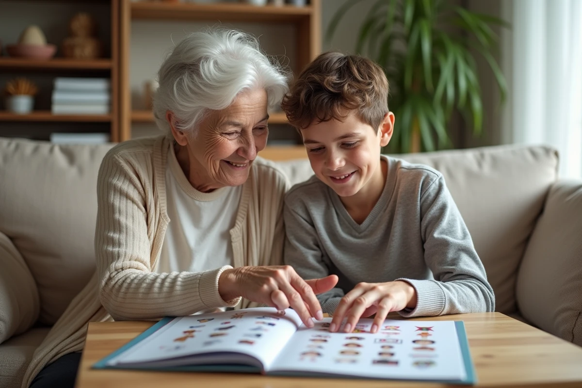 Grand-mère et petit-fils complétant ensemble un carnet de vignettes Intermarché dans un salon