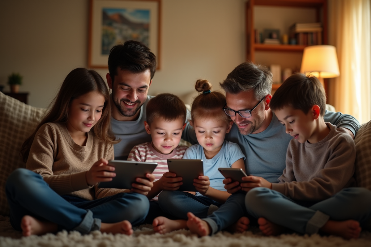 Famille utilisant des appareils numériques dans un salon chaleureux