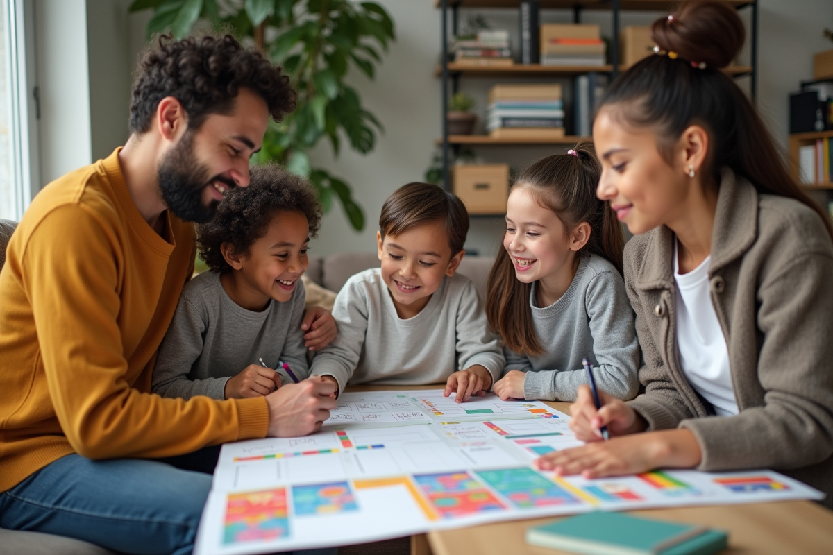 Famille diverse organisant un planner familial dans le salon