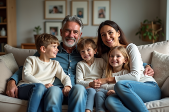 Famille recomposée assise sur un canapé dans un salon chaleureux