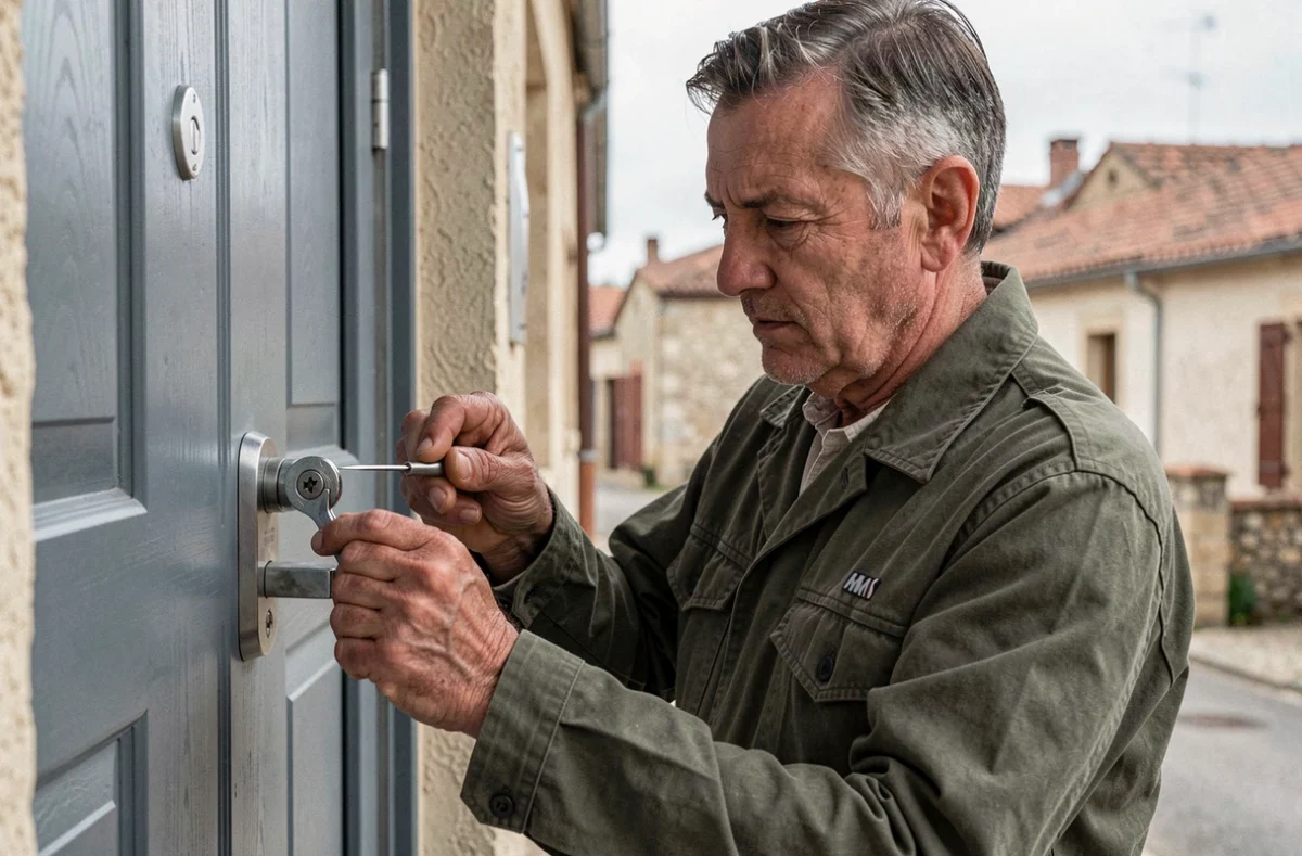 Serrurier Faure Dominique dans le secteur de Figeac maniant des outils de précision sur une serrure multipoints résidentielle