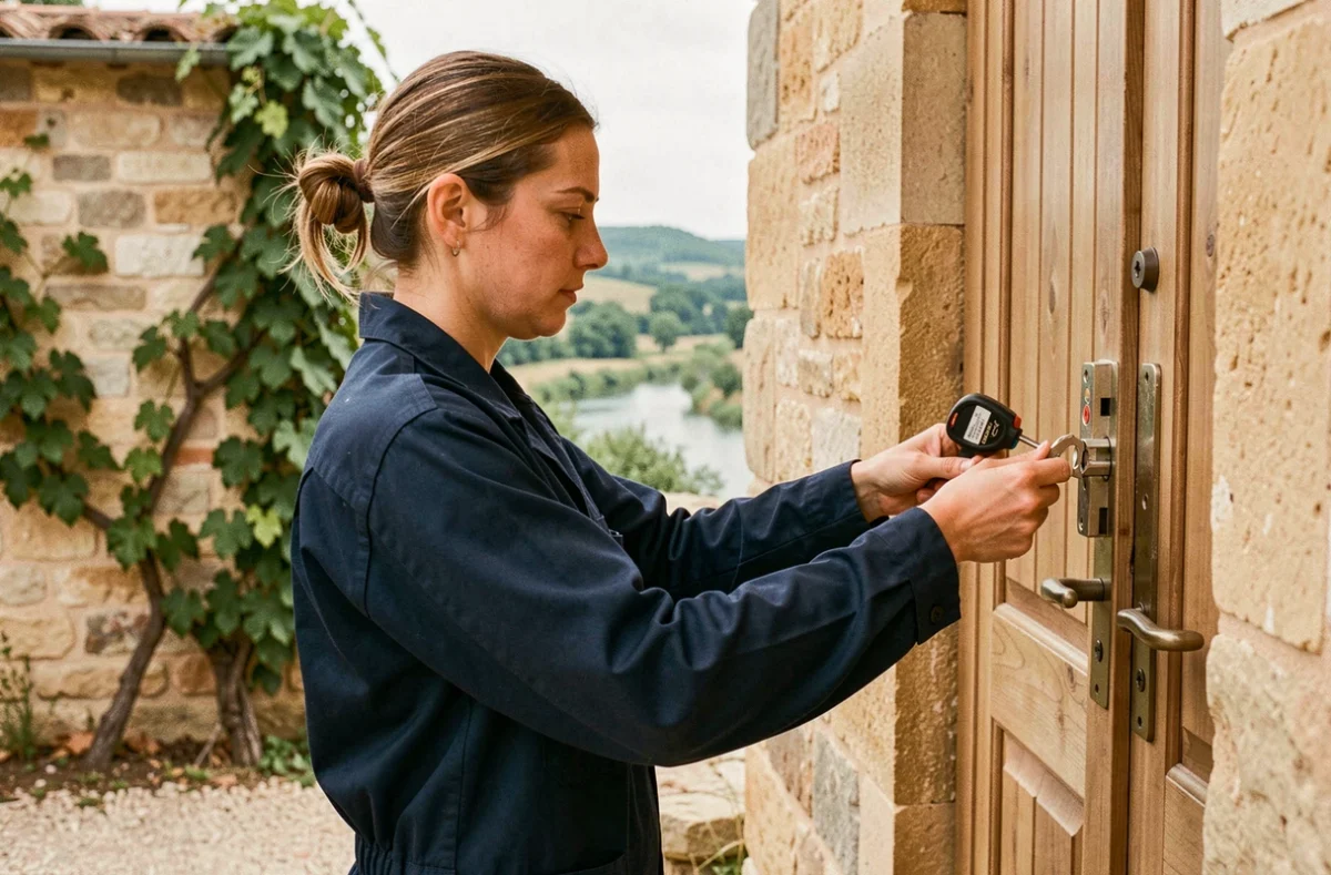 Serrurier de Feeling Création à Albas installant une serrure sécurisée sur une porte en pierre dans un décor viticole du Lot