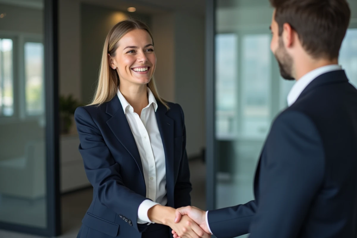 Femme d affaires souriante serre la main d un collègue en réunion