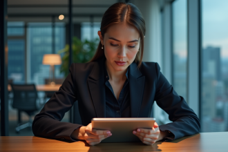 Femme d'affaires étudie des graphiques sur une tablette en bureau