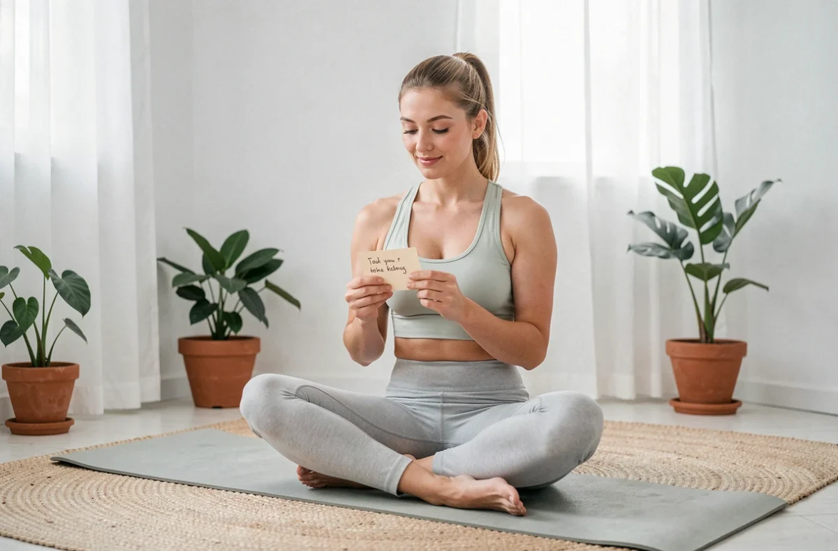 Jeune femme lisant une affirmation positive sur une carte lors d'un rituel de bien-être matinal