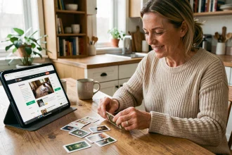 Femme décontractée apprenant le bridge à domicile avec des cartes et une tablette affichant un site de stratégie