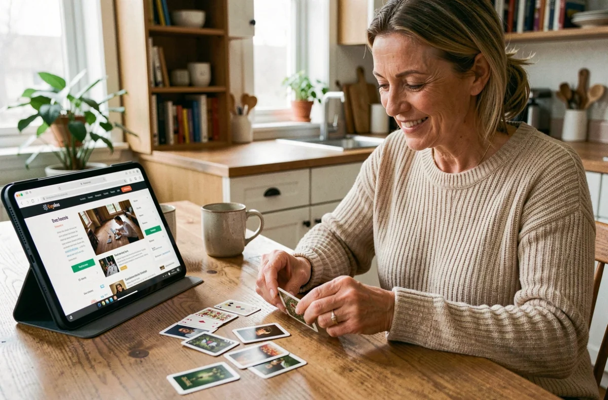 Femme décontractée apprenant le bridge à domicile avec des cartes et une tablette affichant un site de stratégie