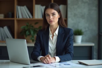 Femme en blazer navy au bureau avec ordinateur