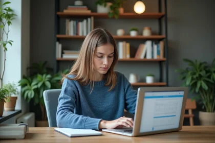 Jeune femme au bureau avec ordinateur et calendrier