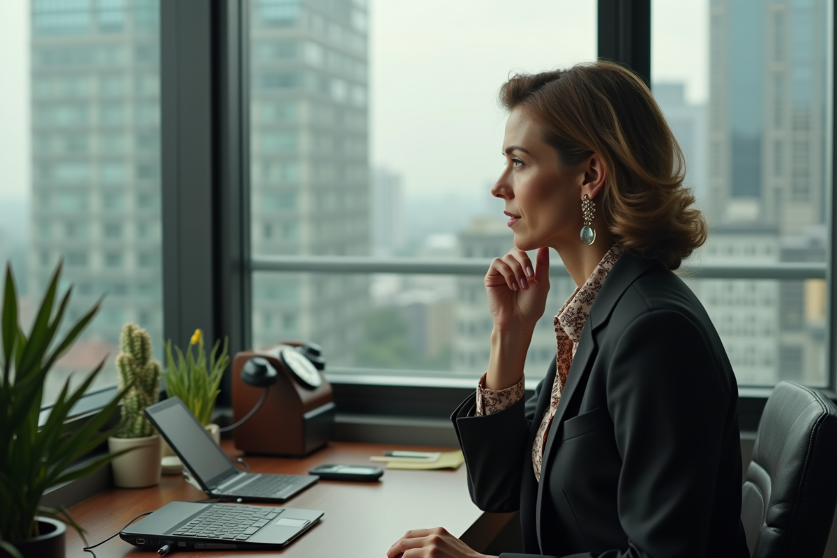 Femme en costume rétro dans un bureau moderne