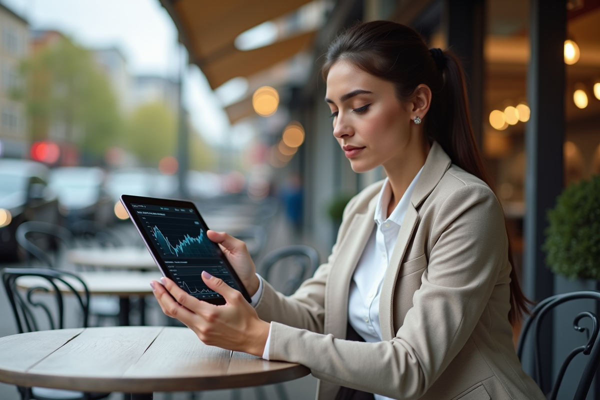 Jeune femme regardant un graphique immobilier sur une tablette