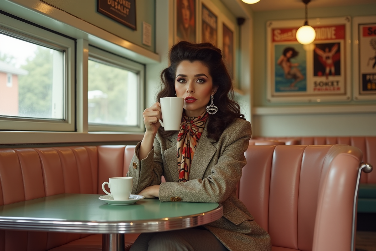 Femme dans un café rétro des années 80