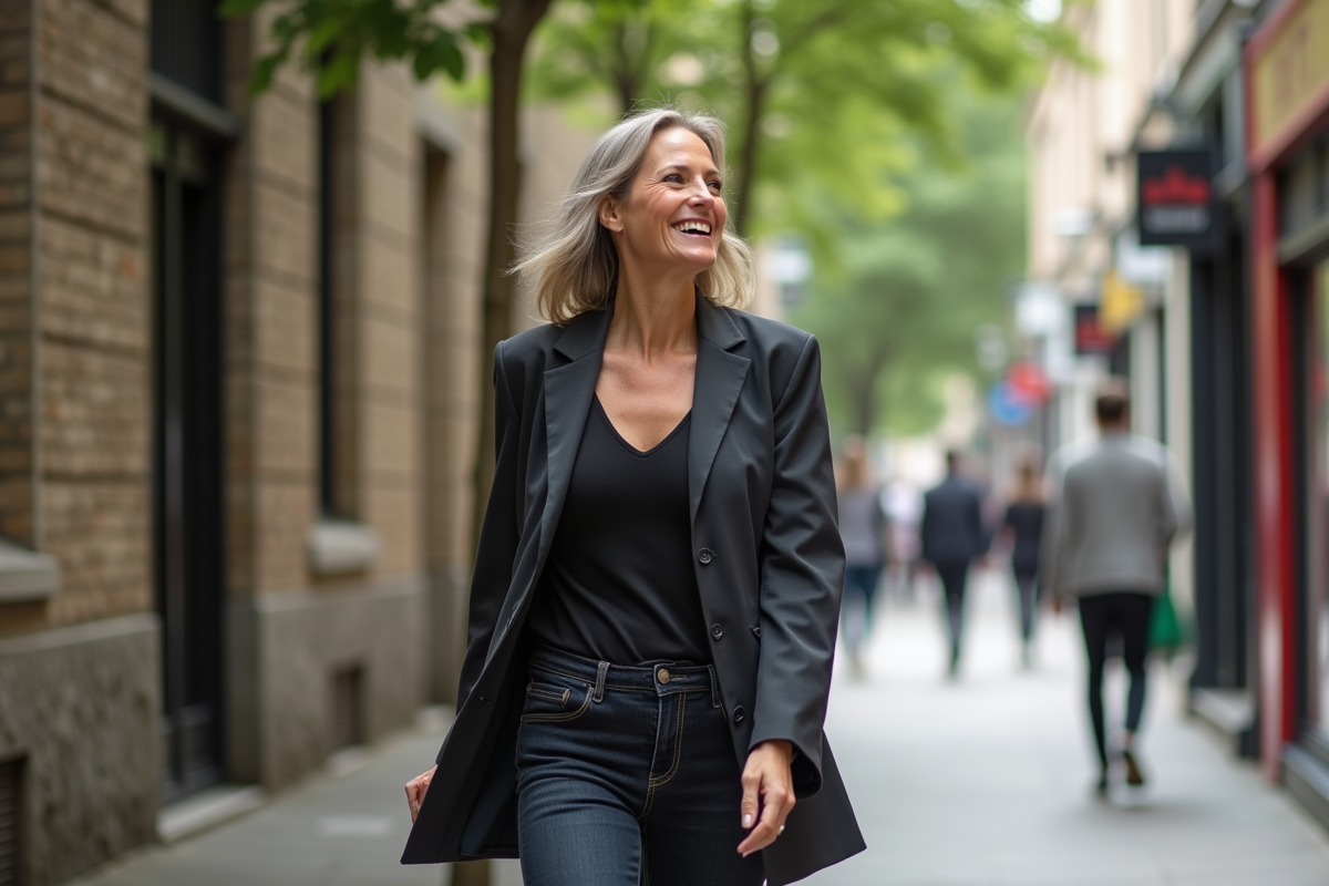 Femme confiante en blazer marche dans la ville animée