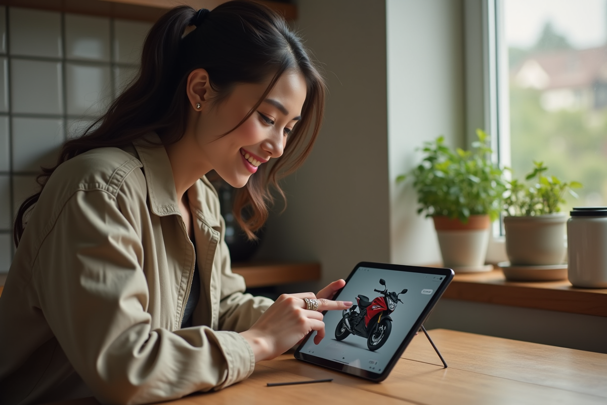 Femme souriante regardant une annonce de moto sur tablette
