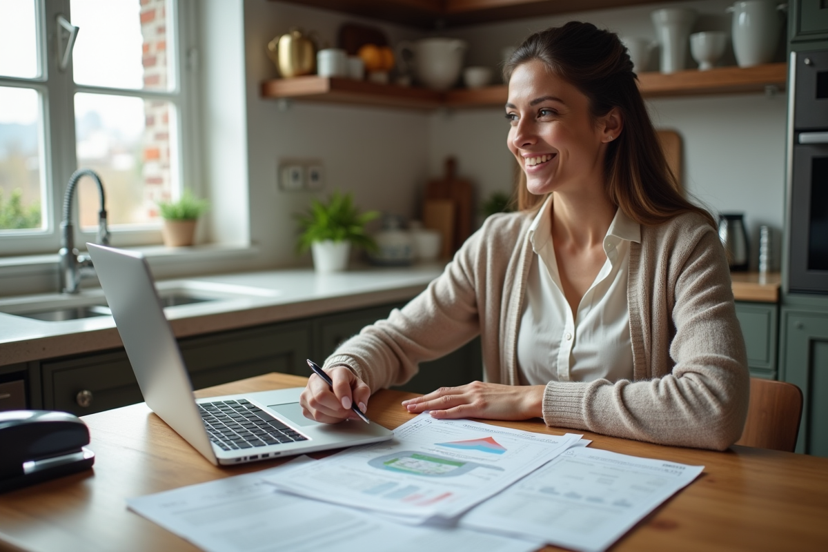 Femme souriante dans sa cuisine avec papiers et ordinateur