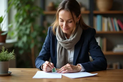 Femme posant un timbre écologique sur une lettre dans un bureau cosy