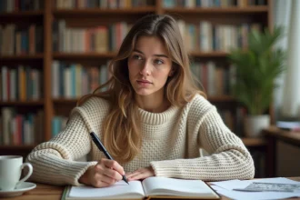 Jeune femme concentrée en train d'écrire dans un cahier pour tester ses connaissances en orthographe française