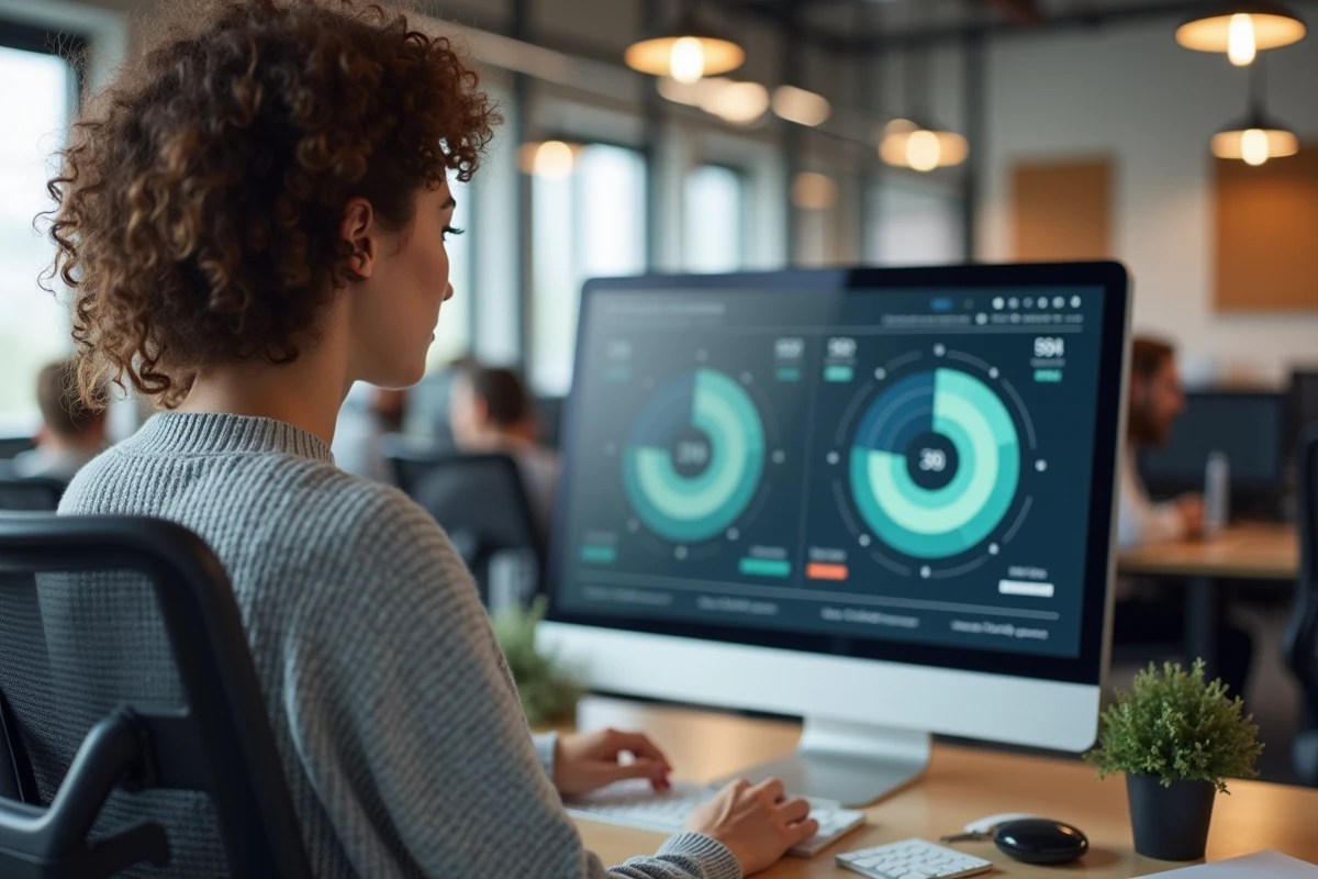 Jeune femme regardant des graphiques d heures sur un ordinateur