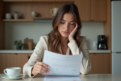 Femme en étude de documents immobiliers dans une cuisine moderne