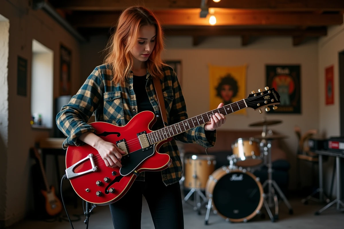 Jeune femme jouant un solo de guitare électrique dans un garage de répétition avec partition accrochée au mur