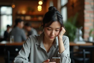 Femme regardant son téléphone affichant 13h31 dans un café, expression intriguée face à l'heure miroir