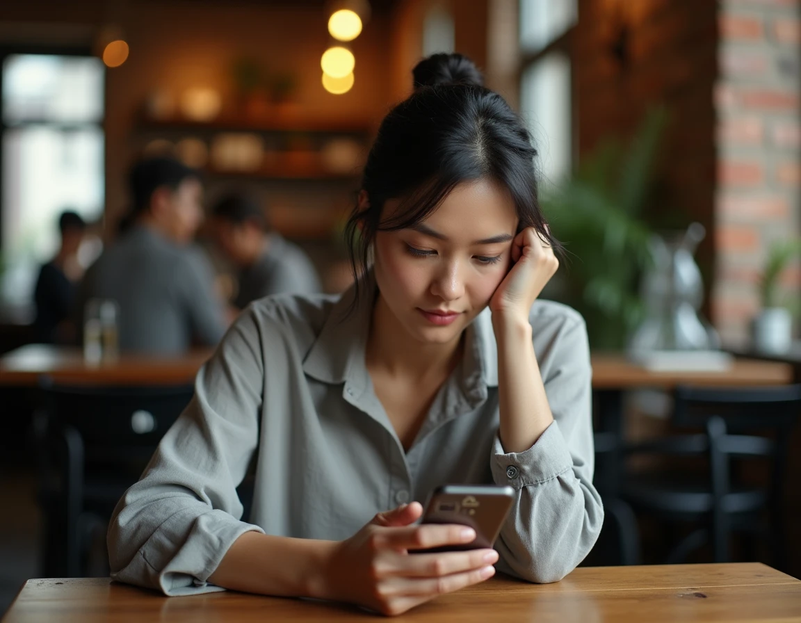Femme regardant son téléphone affichant 13h31 dans un café, expression intriguée face à l'heure miroir