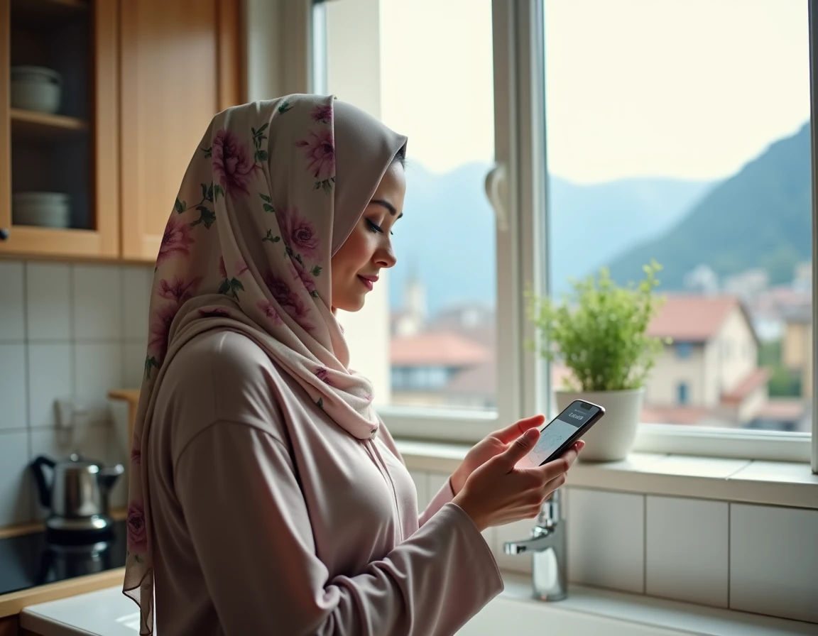 Jeune femme voilée vérifiant l'heure de prière sur une application mobile depuis son appartement avec vue sur Grenoble