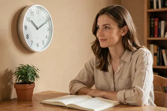 Femme contemplative regardant une horloge affichant 11h22 dans un bureau chaleureux avec un journal ouvert