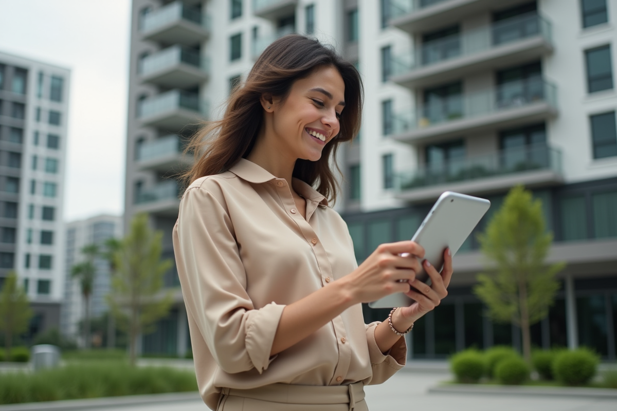 Jeune femme souriante tenant une tablette devant un immeuble