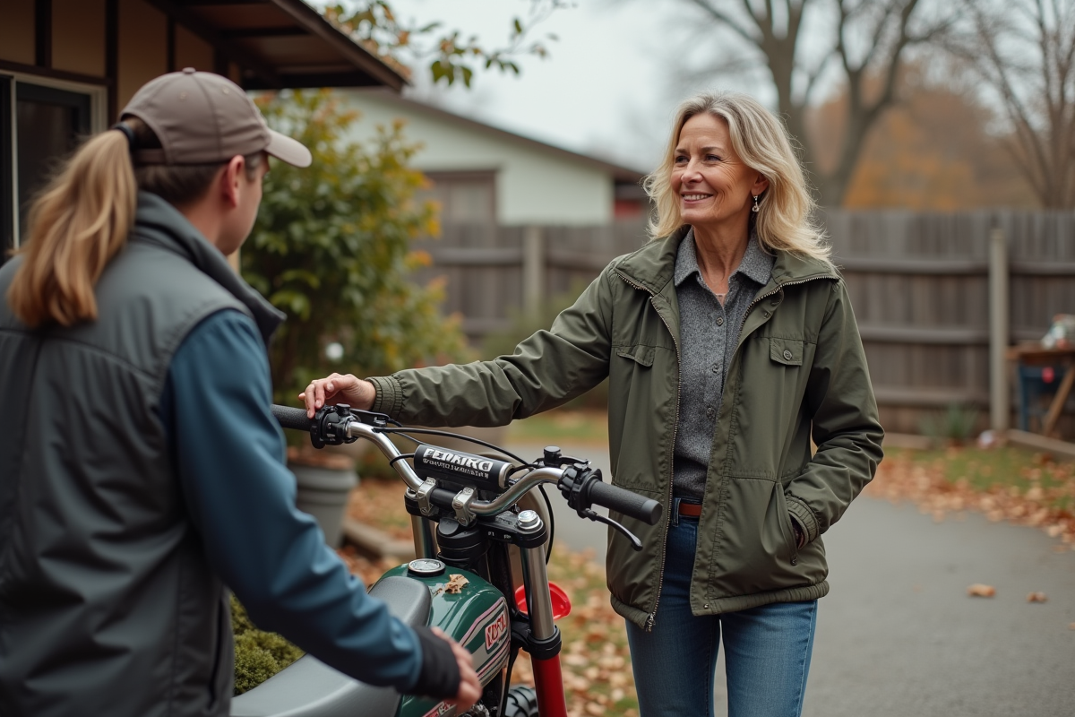 Femme regardant une moto tout-terrain dans un lot