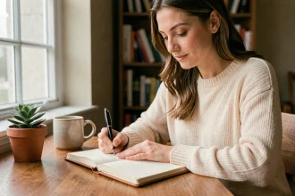 Femme écrivant une citation positive dans un journal intime dans un bureau cosy