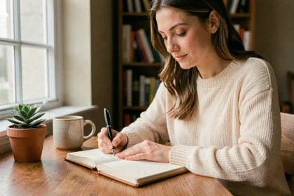 Femme écrivant une citation positive dans un journal intime dans un bureau cosy